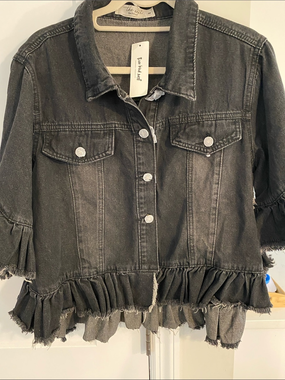 Three Bird Nest Black Ruffle-Hem Denim Jacket